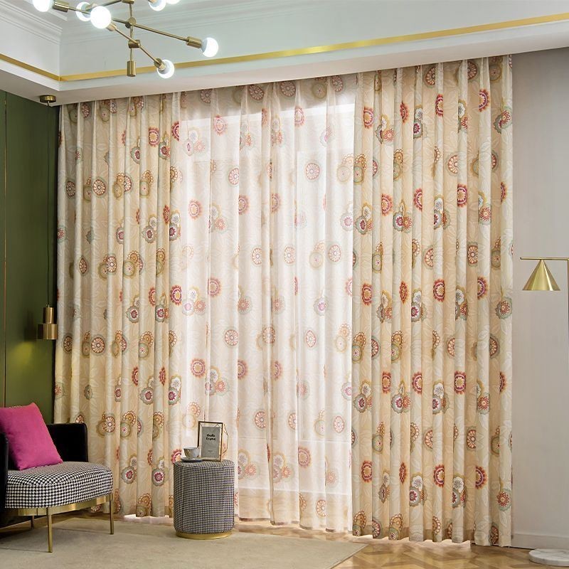 Gordijn Van Katoenlinnen Op Maat Gemaakt Gordijn In Amerikaanse Stijl Met Bloemenprint, Semi-Verduisterend