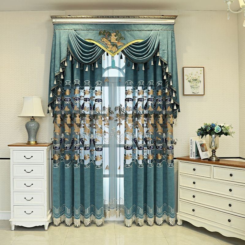 Chenille Semi-Verduisterende Gordijnen Chinese Stijl Bergen Borduurwerk Woonkamer Slaapkamer