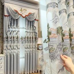 Chenille Semi-Verduisterende Gordijnen In Chinese Stijl Met Bergenborduurwerk Voor Woonkamer En Slaapkamer