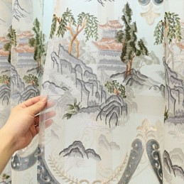 Chenille Semi-Verduisterende Gordijnen In Chinese Stijl Met Bergenborduurwerk Voor Woonkamer En Slaapkamer