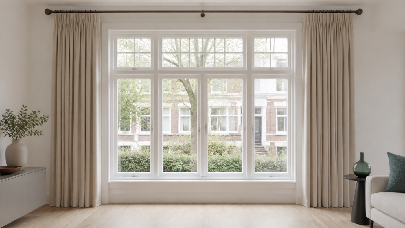 Volledige gordijnroede met eindknoppen, steunen en een volledig zichtbaar raam